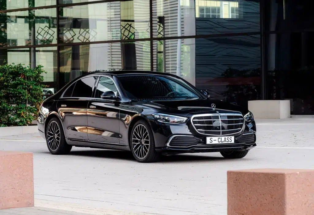A black Mercedes Benz S-Class car from German Limousine Service.