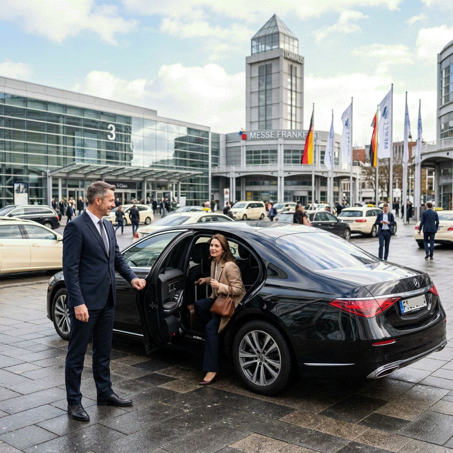messe shuttle Ein Chauffeur des German Limousines Messe Shuttle öffnet einer eleganten Frau die Fondtür einer schwarzen Limousine vor der Messe Frankfurt.