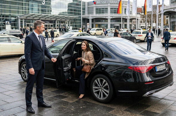 Ein Chauffeur des German Limousines Messe Shuttle öffnet einer eleganten Frau die Fondtür einer schwarzen Limousine vor der Messe Frankfurt.